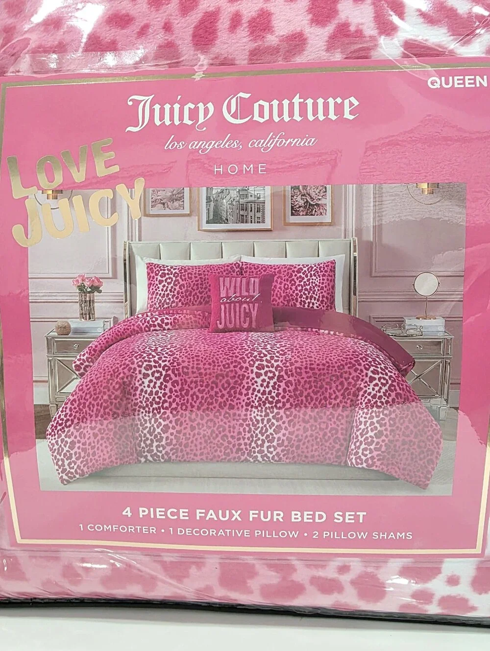Juicy Couture QUEEN 4 Piece Pink Leopard Faux Fur Comforter Set New Viral